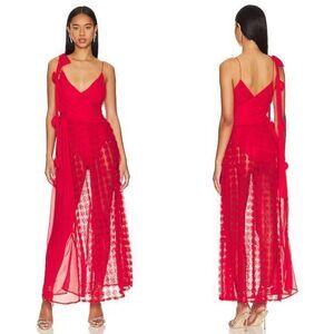 NWT For Love and Lemons Hannah Dress Red Roses Bows Bodysuit Sheer Gown Small